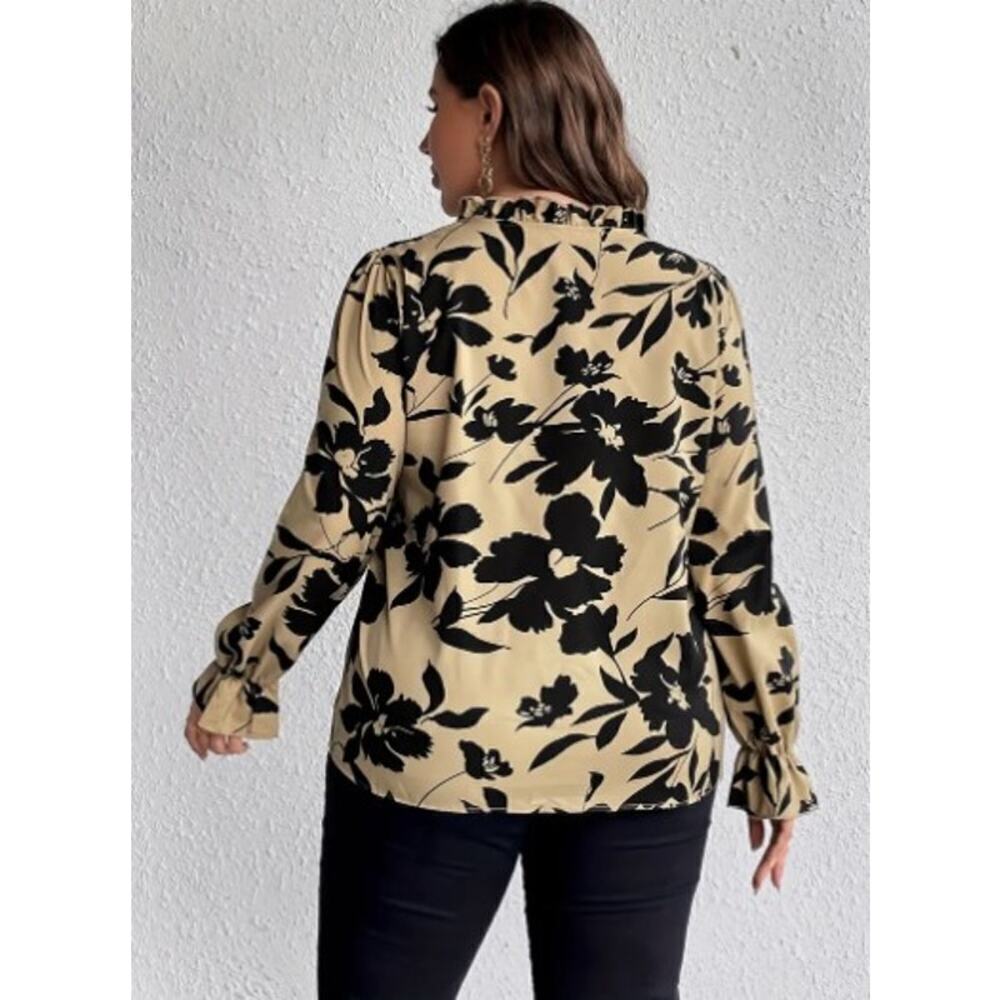 Women's Plus Floral Print Lettuce Trim Lantern Sleeve Keyhole Tie Blouse - Picture 4 of 4